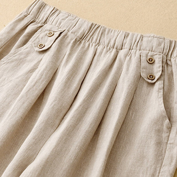 Buddha Stones Summer Plain Casual 7-8 Length Buttons Women's Cotton Linen Harem Pants With Pockets
