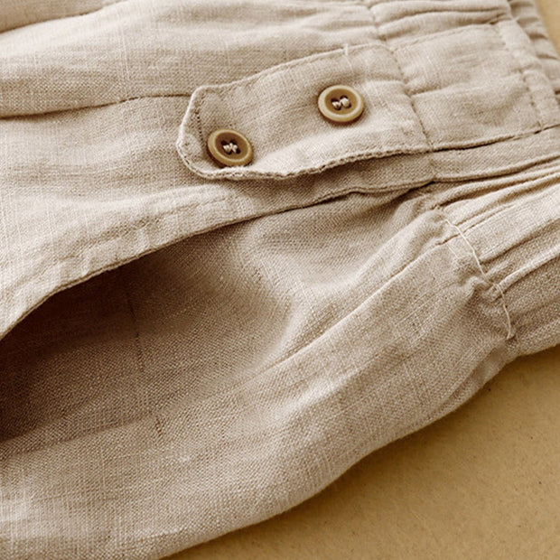 Buddha Stones Summer Plain Casual 7-8 Length Buttons Women's Cotton Linen Harem Pants With Pockets
