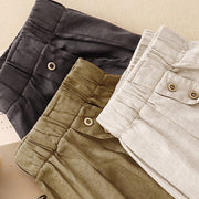 Buddha Stones Summer Plain Casual 7-8 Length Buttons Women's Cotton Linen Harem Pants With Pockets