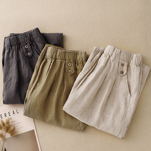 Buddha Stones Summer Plain Casual 7-8 Length Buttons Women's Cotton Linen Harem Pants With Pockets