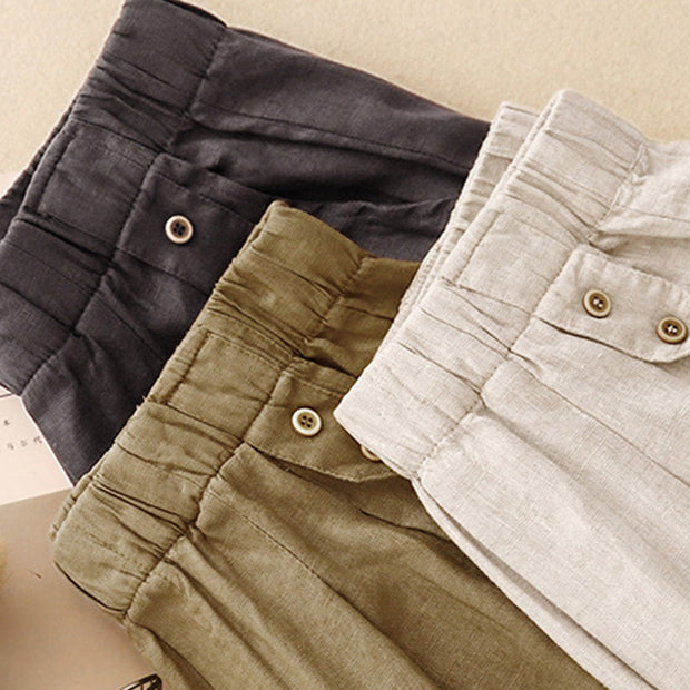 Buddha Stones Summer Plain Casual 7-8 Length Buttons Women's Cotton Linen Harem Pants With Pockets