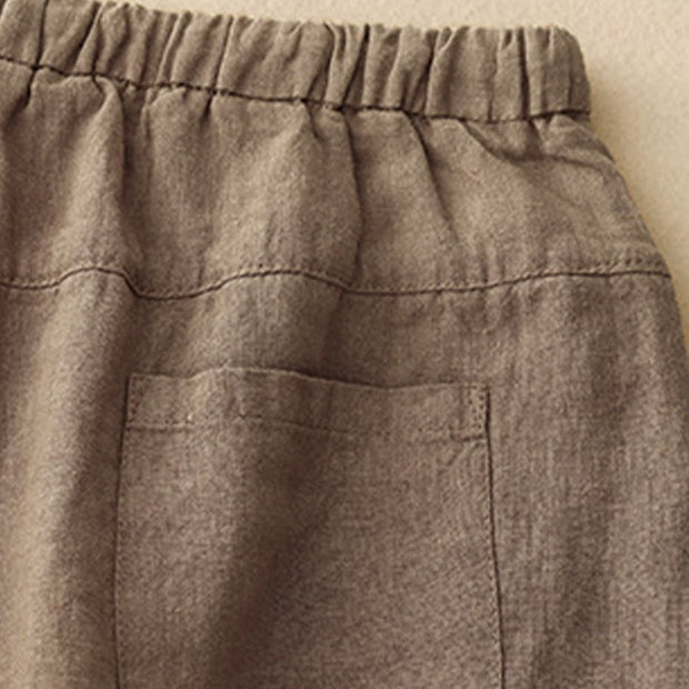 Buddha Stones Summer Plain Casual 7-8 Length Lace-up Women's Cotton Linen Harem Pants With Pockets