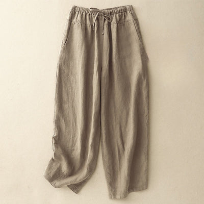 Buddha Stones Summer Plain Casual 7-8 Length Lace-up Women's Cotton Linen Harem Pants With Pockets