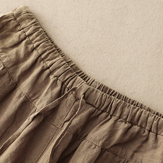 Buddha Stones Summer Plain Casual 7-8 Length Lace-up Women's Cotton Linen Harem Pants With Pockets