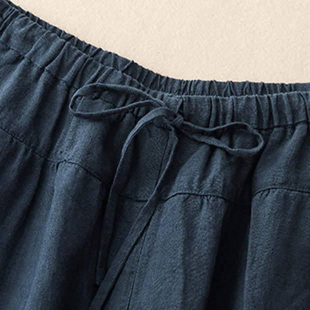 Buddha Stones Summer Plain Casual 7-8 Length Lace-up Women's Cotton Linen Harem Pants With Pockets