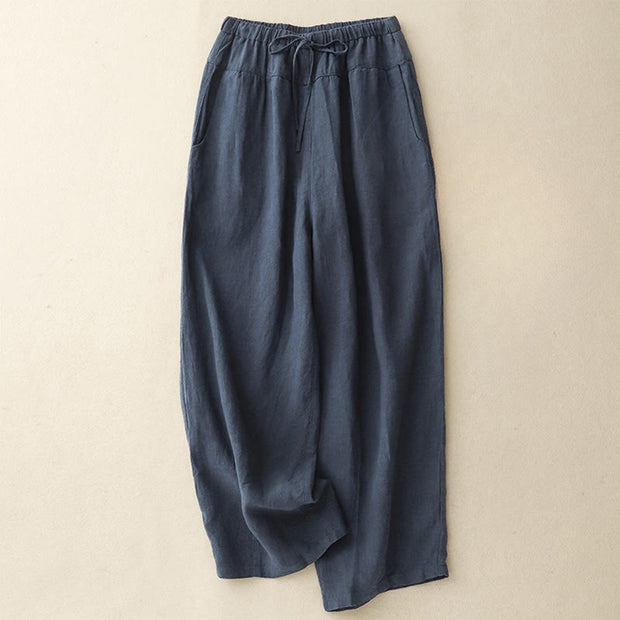 Buddha Stones Summer Plain Casual 7-8 Length Lace-up Women's Cotton Linen Harem Pants With Pockets