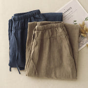 Buddha Stones Summer Plain Casual 7-8 Length Lace-up Women's Cotton Linen Harem Pants With Pockets