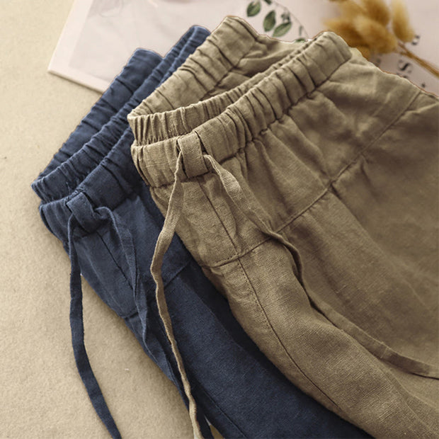 Buddha Stones Summer Plain Casual 7-8 Length Lace-up Women's Cotton Linen Harem Pants With Pockets