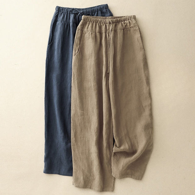 Buddha Stones Summer Plain Casual 7-8 Length Lace-up Women's Cotton Linen Harem Pants With Pockets