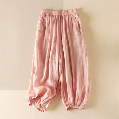 Buddha Stones Summer Plain Casual 7-8 Length Women's Double Layer Cotton Linen Harem Pants With Pockets