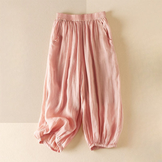 Buddha Stones Summer Plain Casual 7-8 Length Women's Double Layer Cotton Linen Harem Pants With Pockets