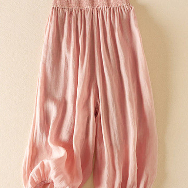 Buddha Stones Summer Plain Casual 7-8 Length Women's Double Layer Cotton Linen Harem Pants With Pockets