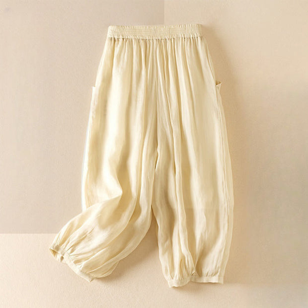 Buddha Stones Summer Plain Casual 7-8 Length Women's Double Layer Cotton Linen Harem Pants With Pockets
