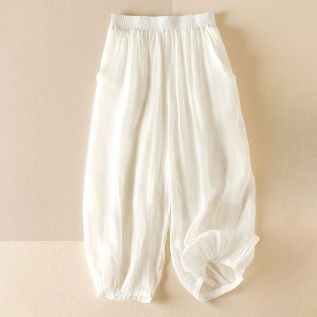 Buddha Stones Summer Plain Casual 7-8 Length Women's Double Layer Cotton Linen Harem Pants With Pockets