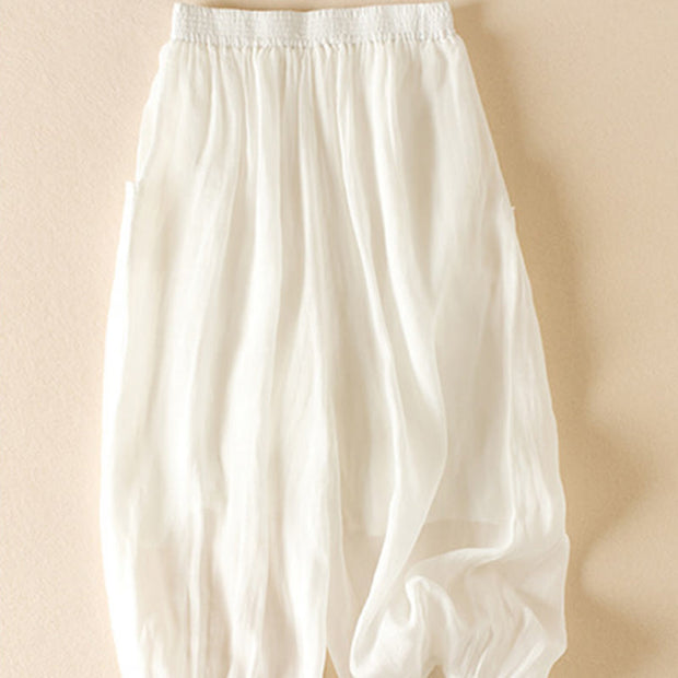 Buddha Stones Summer Plain Casual 7-8 Length Women's Double Layer Cotton Linen Harem Pants With Pockets