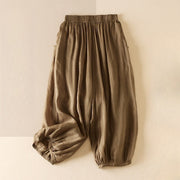 Buddha Stones Summer Plain Casual 7-8 Length Women's Double Layer Cotton Linen Harem Pants With Pockets