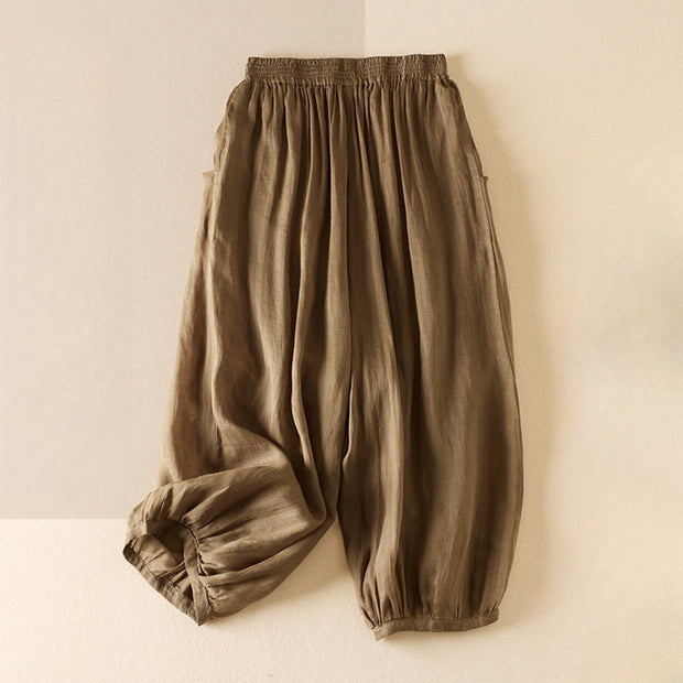 Buddha Stones Summer Plain Casual 7-8 Length Women's Double Layer Cotton Linen Harem Pants With Pockets