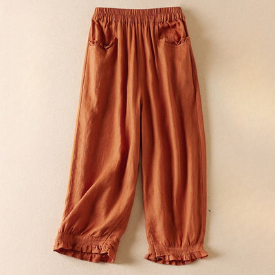 Buddha Stones Summer Plain Casual 7-8 Length Wood ear Women's Cotton Linen Harem Pants With Pockets
