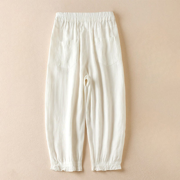 Buddha Stones Summer Plain Casual 7-8 Length Wood ear Women's Cotton Linen Harem Pants With Pockets