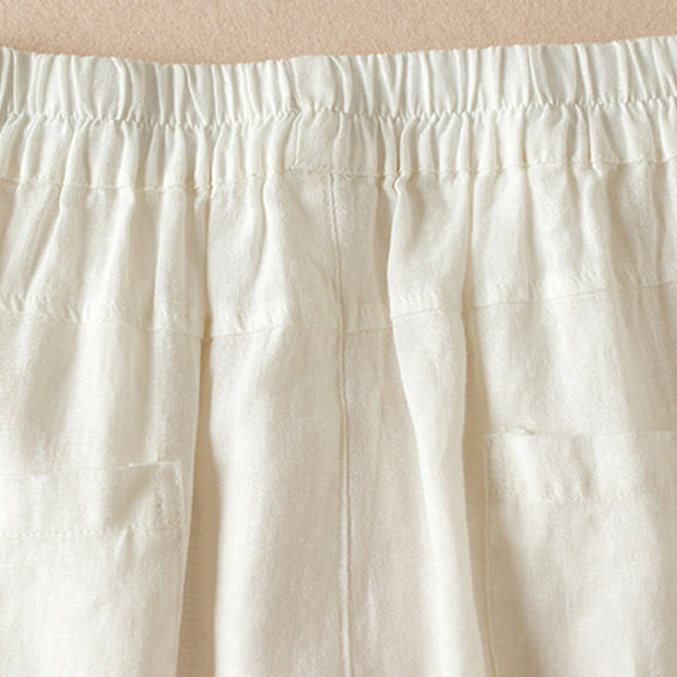 Buddha Stones Summer Plain Casual 7-8 Length Wood ear Women's Cotton Linen Harem Pants With Pockets