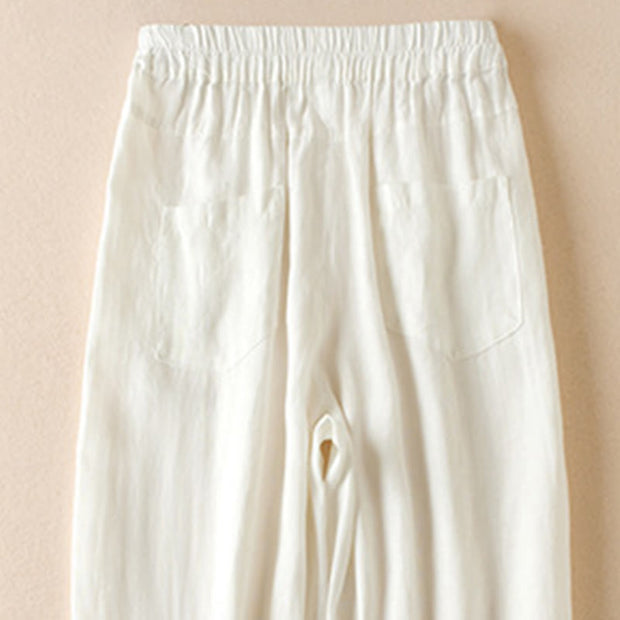 Buddha Stones Summer Plain Casual 7-8 Length Wood ear Women's Cotton Linen Harem Pants With Pockets