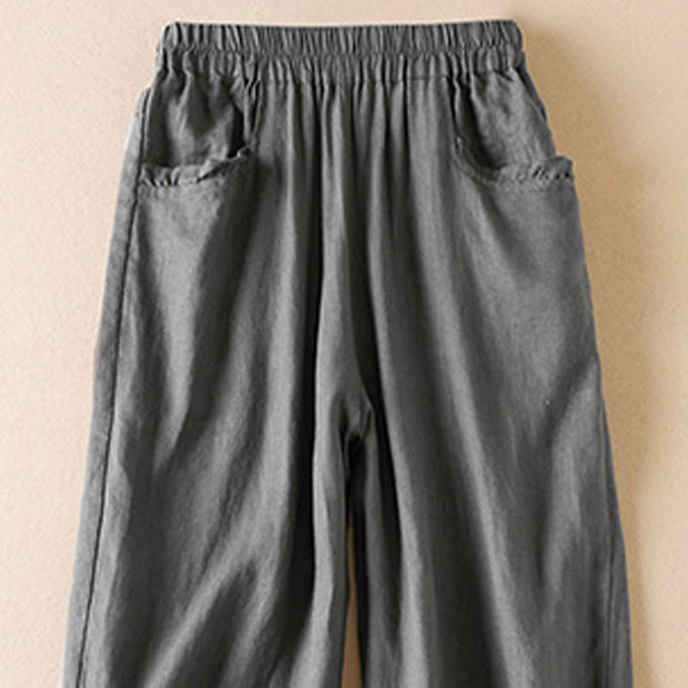 Buddha Stones Summer Plain Casual 7-8 Length Wood ear Women's Cotton Linen Harem Pants With Pockets