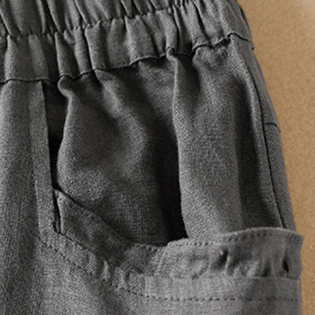 Buddha Stones Summer Plain Casual 7-8 Length Wood ear Women's Cotton Linen Harem Pants With Pockets
