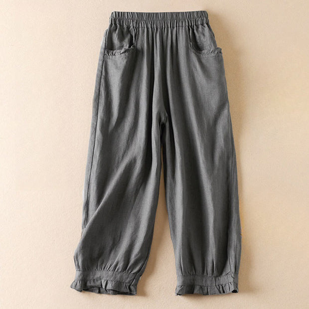 Buddha Stones Summer Plain Casual 7-8 Length Wood ear Women's Cotton Linen Harem Pants With Pockets