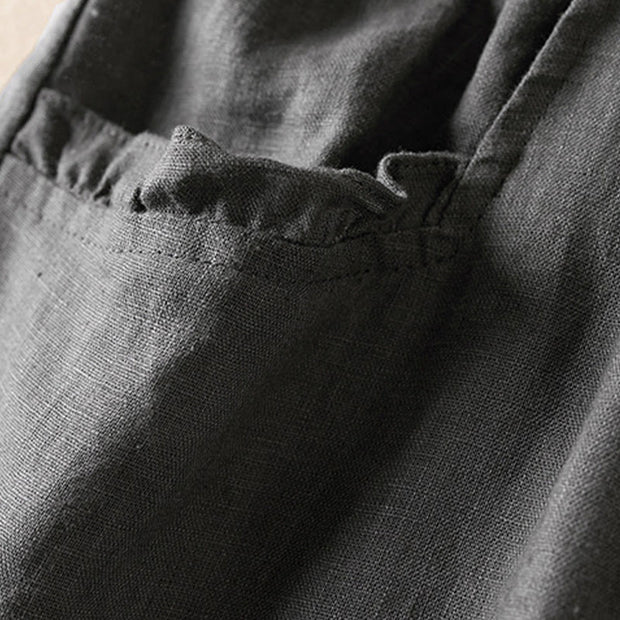 Buddha Stones Summer Plain Casual 7-8 Length Wood ear Women's Cotton Linen Harem Pants With Pockets
