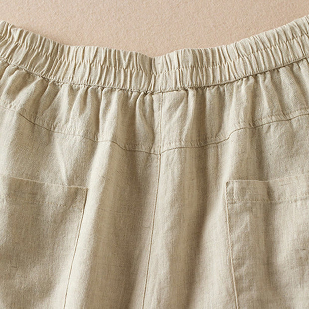 Buddha Stones Summer Plain Casual 7-8 Length Wood ear Women's Cotton Linen Harem Pants With Pockets