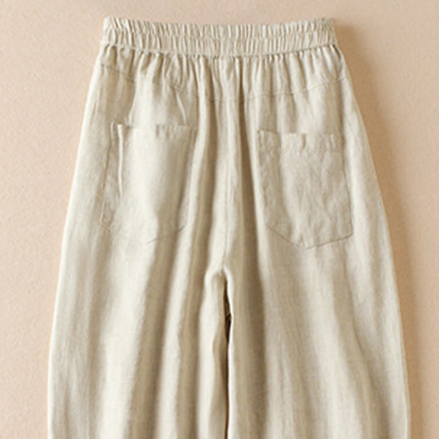 Buddha Stones Summer Plain Casual 7-8 Length Wood ear Women's Cotton Linen Harem Pants With Pockets