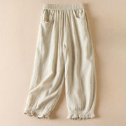 Buddha Stones Summer Plain Casual 7-8 Length Wood ear Women's Cotton Linen Harem Pants With Pockets