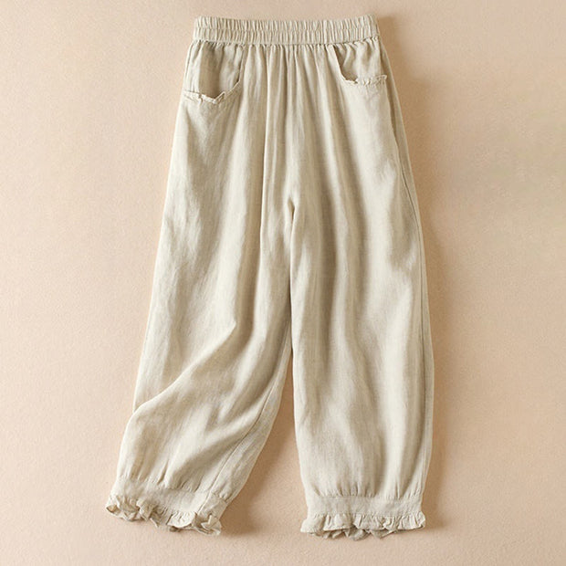 Buddha Stones Summer Plain Casual 7-8 Length Wood ear Women's Cotton Linen Harem Pants With Pockets