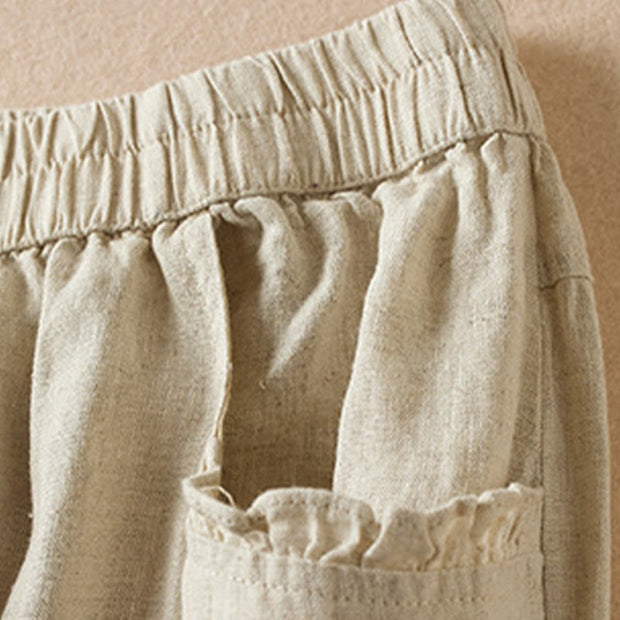 Buddha Stones Summer Plain Casual 7-8 Length Wood ear Women's Cotton Linen Harem Pants With Pockets