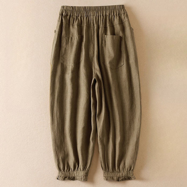 Buddha Stones Summer Plain Casual 7-8 Length Wood ear Women's Cotton Linen Harem Pants With Pockets