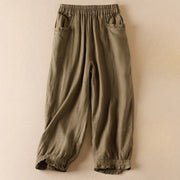 Buddha Stones Summer Plain Casual 7-8 Length Wood ear Women's Cotton Linen Harem Pants With Pockets