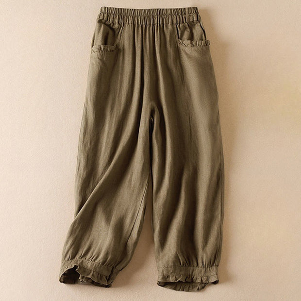 Buddha Stones Summer Plain Casual 7-8 Length Wood ear Women's Cotton Linen Harem Pants With Pockets
