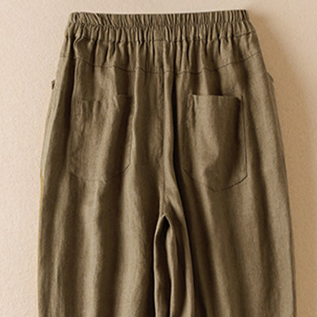 Buddha Stones Summer Plain Casual 7-8 Length Wood ear Women's Cotton Linen Harem Pants With Pockets