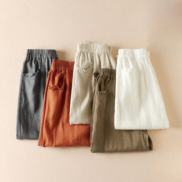 Buddha Stones Summer Plain Casual 7-8 Length Wood ear Women's Cotton Linen Harem Pants With Pockets