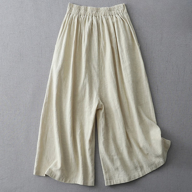 Buddha Stones Casual Plain Loose 7-8 Length Women's Polyester Wide Leg Pants With Pockets