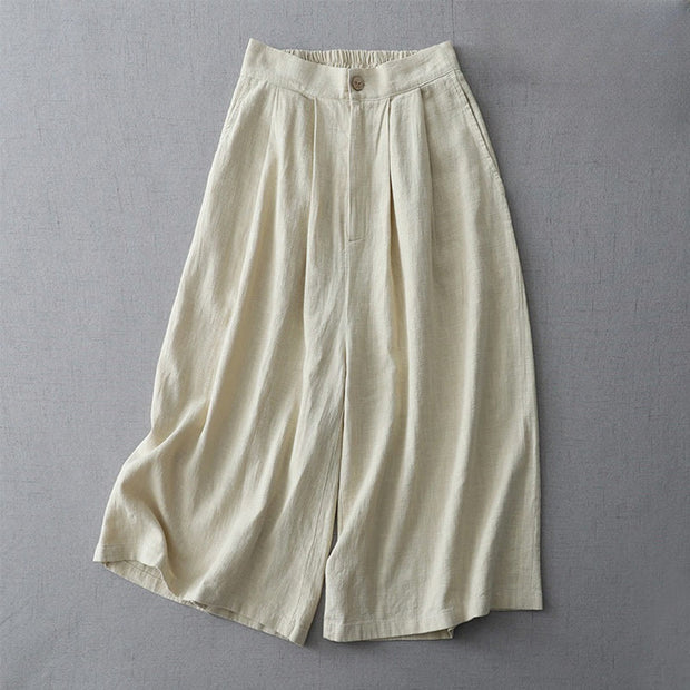 Buddha Stones Casual Plain Loose 7-8 Length Women's Polyester Wide Leg Pants With Pockets