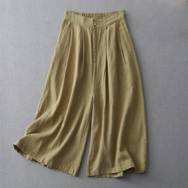 Buddha Stones Casual Plain Loose 7-8 Length Women's Polyester Wide Leg Pants With Pockets