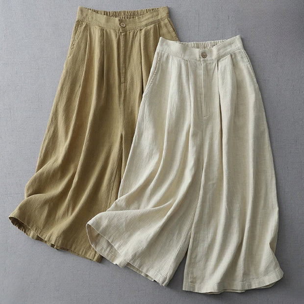 Buddha Stones Casual Plain Loose 7-8 Length Women's Polyester Wide Leg Pants With Pockets