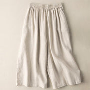 Buddha Stones Summer Casual Plain Cotton Linen 7-8 Length Women's Elastic Waist  Wide Leg Pants With Pockets