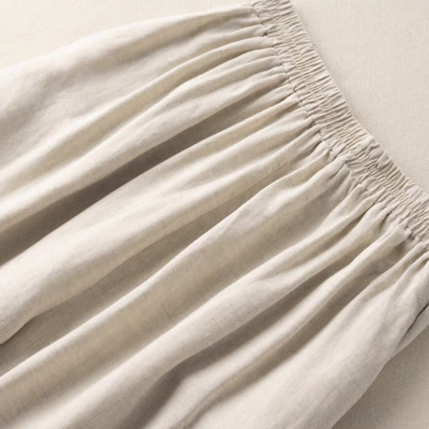 Buddha Stones Summer Casual Plain Cotton Linen 7-8 Length Women's Elastic Waist  Wide Leg Pants With Pockets