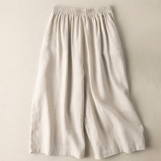 Buddha Stones Summer Casual Plain Cotton Linen 7-8 Length Women's Elastic Waist  Wide Leg Pants With Pockets