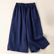 Buddha Stones Summer Casual Plain Cotton Linen 7-8 Length Women's Elastic Waist  Wide Leg Pants With Pockets