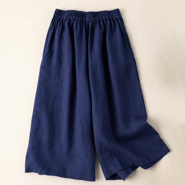Buddha Stones Summer Casual Plain Cotton Linen 7-8 Length Women's Elastic Waist  Wide Leg Pants With Pockets