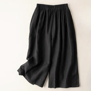 Buddha Stones Summer Casual Plain Cotton Linen 7-8 Length Women's Elastic Waist  Wide Leg Pants With Pockets