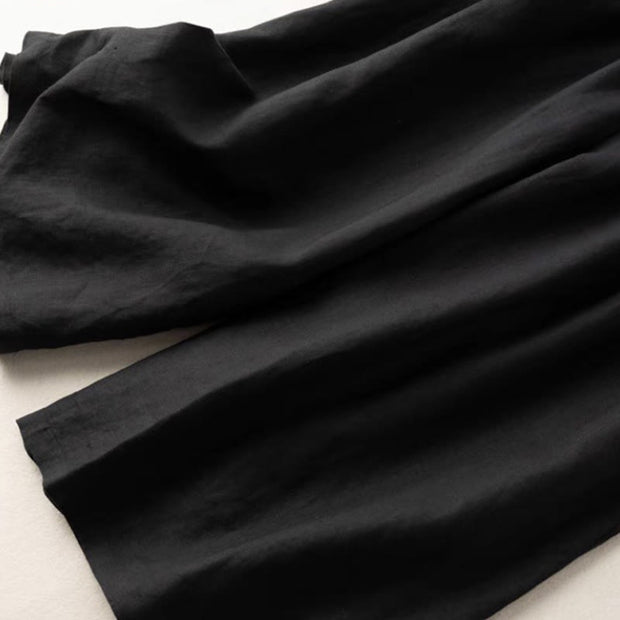 Buddha Stones Summer Casual Plain Cotton Linen 7-8 Length Women's Elastic Waist  Wide Leg Pants With Pockets